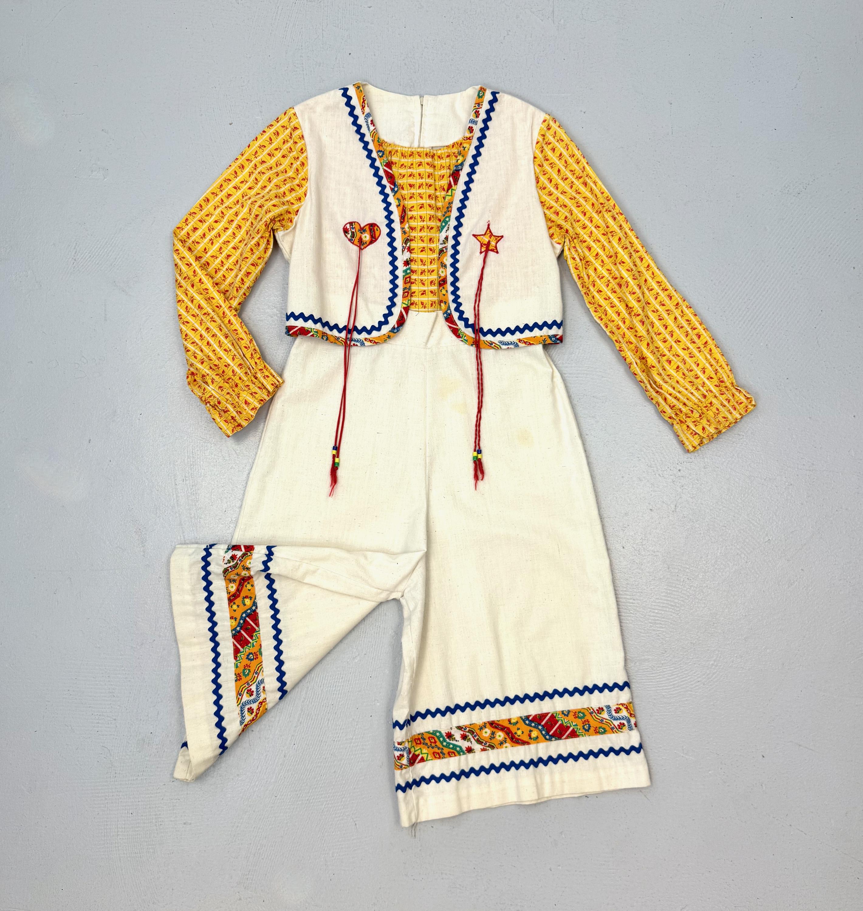 1970s Western Cowgirl Colorful Patchwork Cotton Beaded Girls Childrens One Piece Jumpsuit