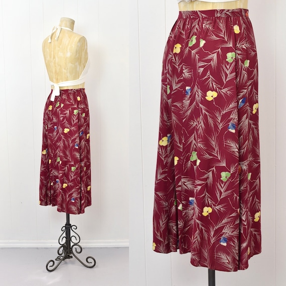 1940s Floral Print Raspberry Red Pink Rayon Skirt… - image 7