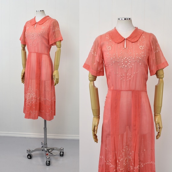 1920s/1930s Embroidered Coral Sheer Cotton Hungar… - image 4