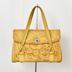 1950s Tooled Leather Western Floral Tan Brown Flores Bags Mexico Purse Handbag