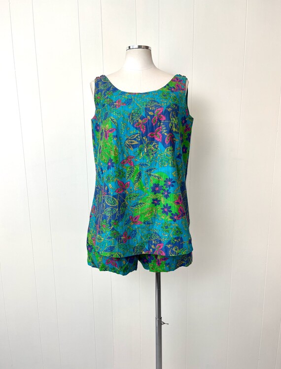 1960s/1970s Blue Green Floral Cotton Two Piece Pl… - image 2