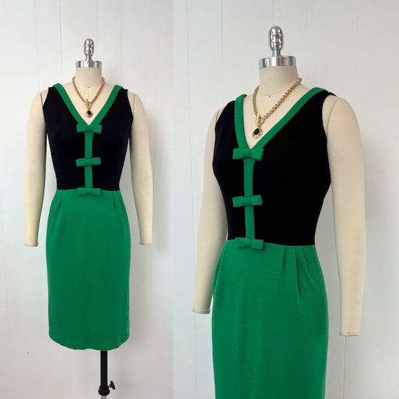 green dress saks fifth avenue 1950s Black Color Block Bow Wool Pencil Wiggle Cocktail Cocktail dress