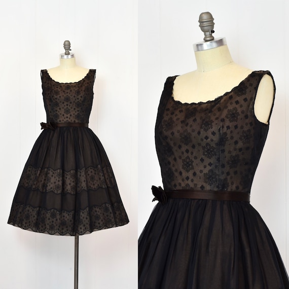 1950s Black Illusion Nude Lace Floral Pinup Party Dress Wounded