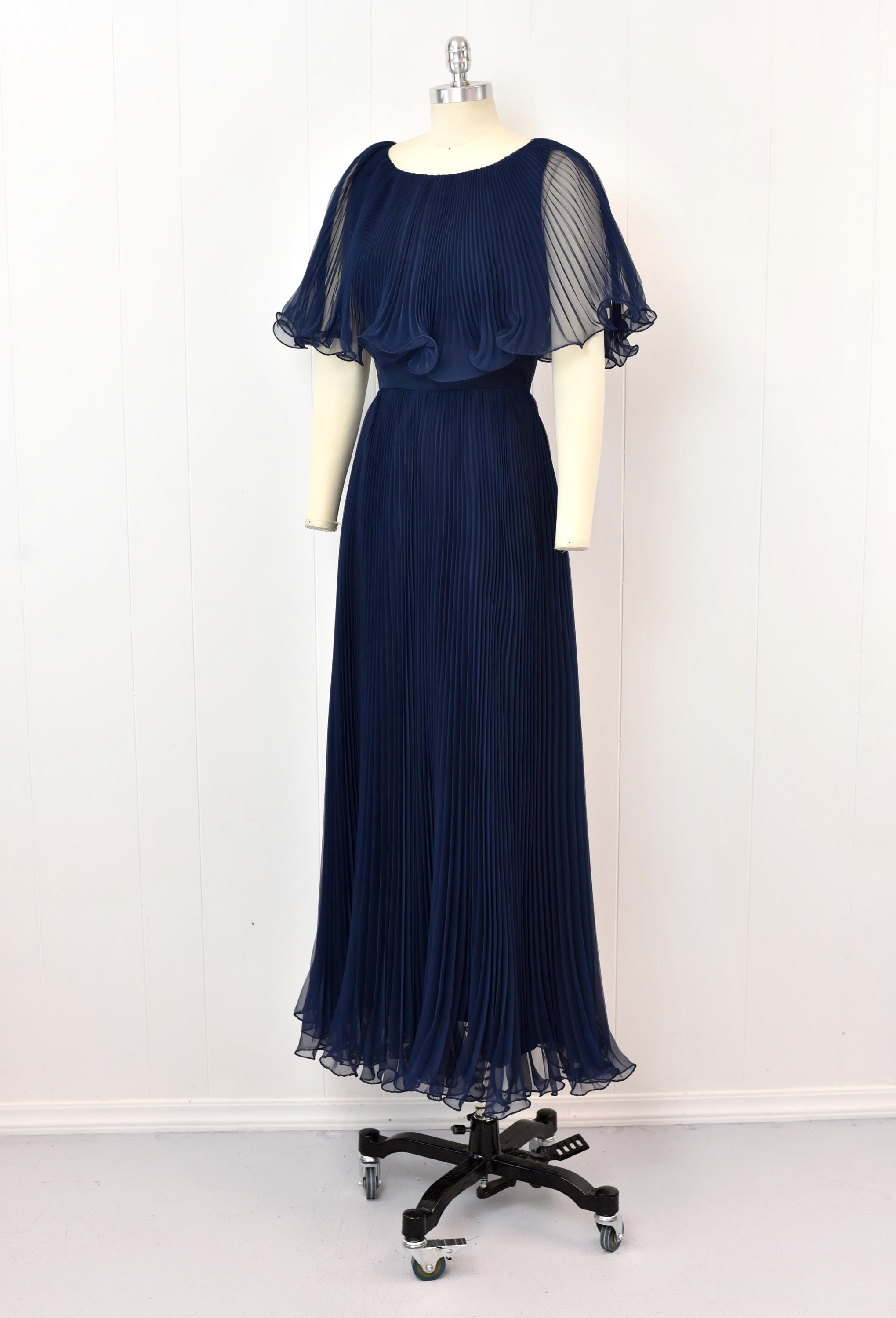 vintage pleated chiffon dress Vintage Silk Chiffon Dress Pleated Embroidery, Size Medium