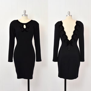 1990s Andrea Jovine Black Wool Velvet Bow Beaded Fringe Tassel Fran Fine Cocktail Party Wiggle LBD Dress