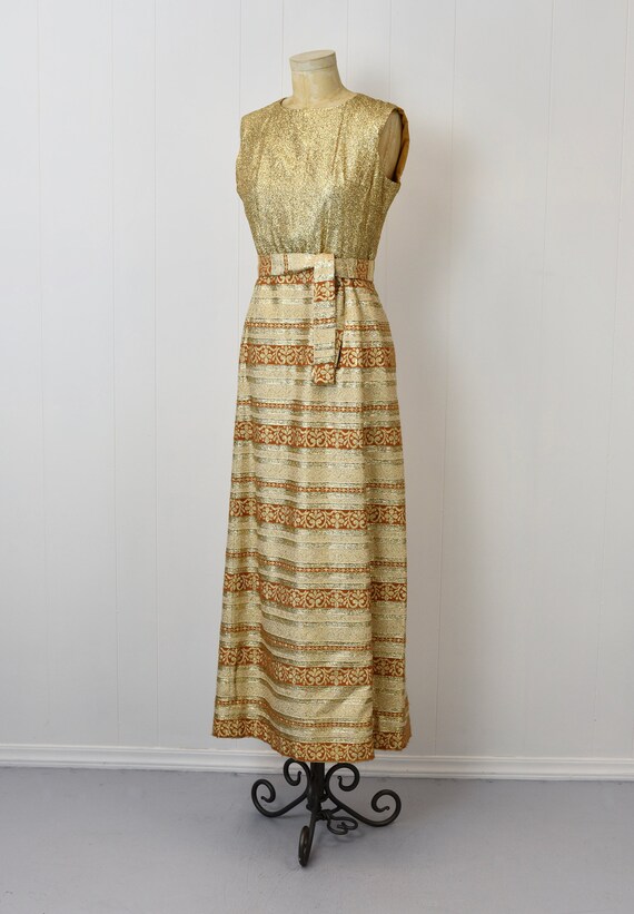 1960s Gold Metallic Brocade Party Gown Maxi Dress - image 4
