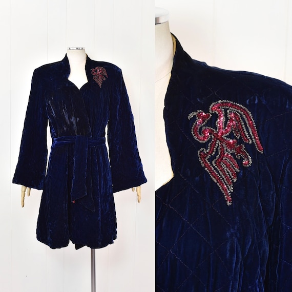 1940s Blue Velvet Quilted Pink Sequin Bird Phoeni… - image 1