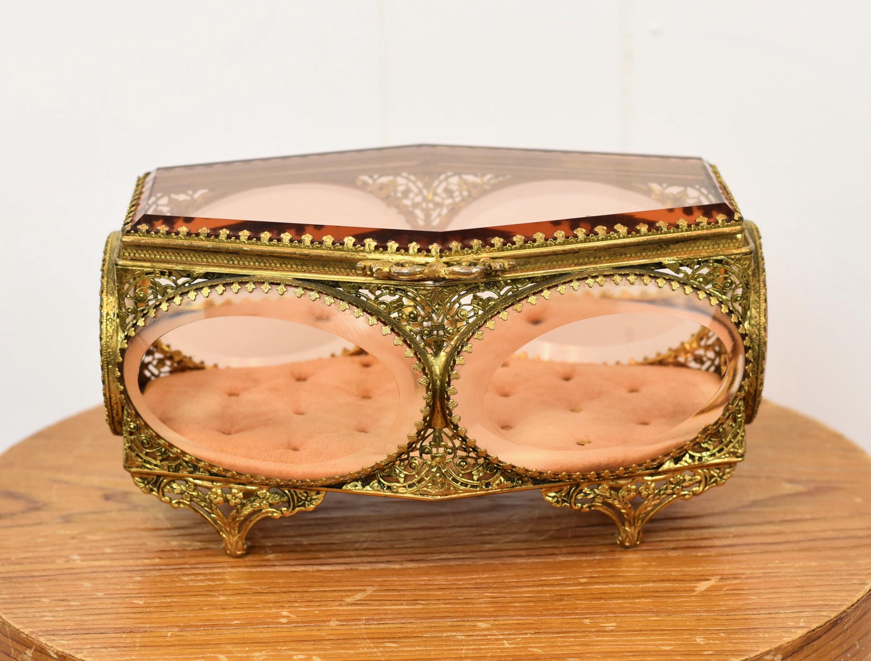 Antique Victorian Edwardian Pink Rose Glass Filigree Velvet