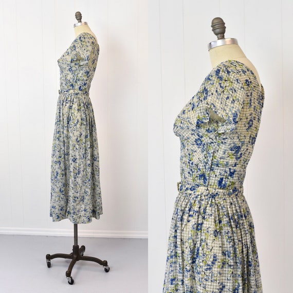 1950s Sheer Blue Floral Gingham Day Dress - image 5