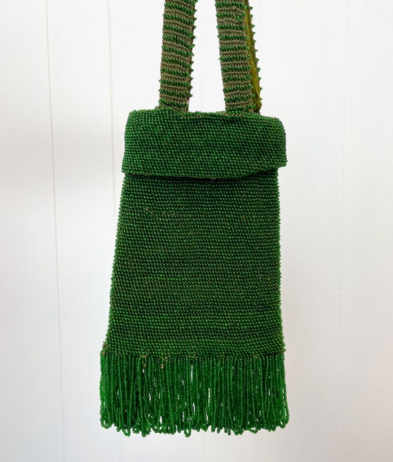 1920s Green Beaded Fringe Flapper Purse Handbag - image 4