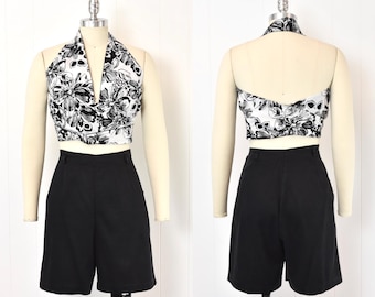 1950s Black Cotton High Waist Pinup Mid Century Bermuda Shorts Pants
