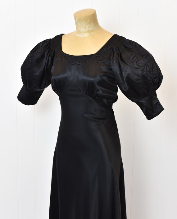 1930s/1940s Black Satin Puff Sleeve Gown - image 3