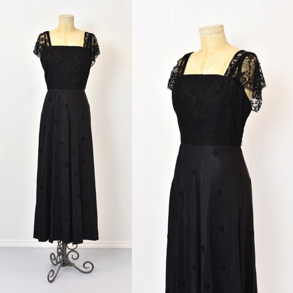 1950s Black Chantilly Lace Gown Party Dress Wound… - image 1