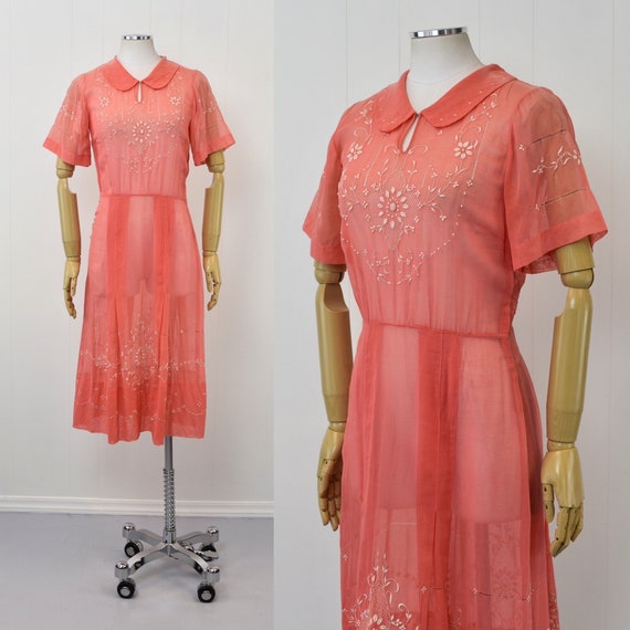 1920s/1930s Embroidered Coral Sheer Cotton Hungar… - image 1