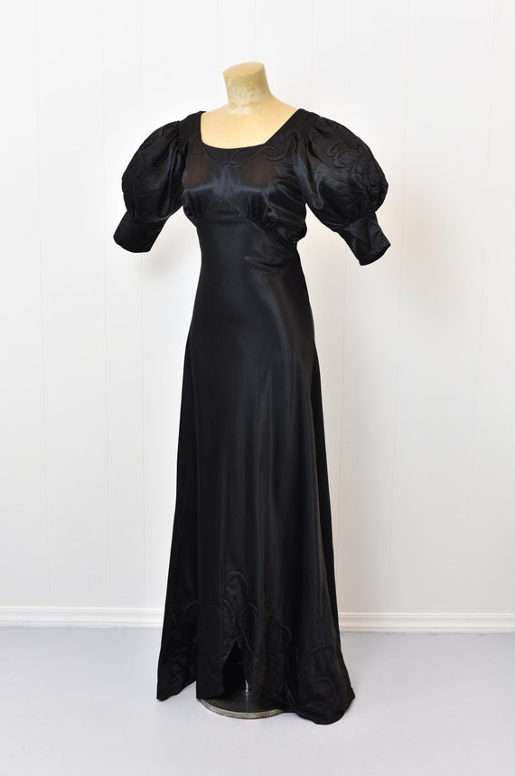 1930s/1940s Black Satin Puff Sleeve Gown - image 2
