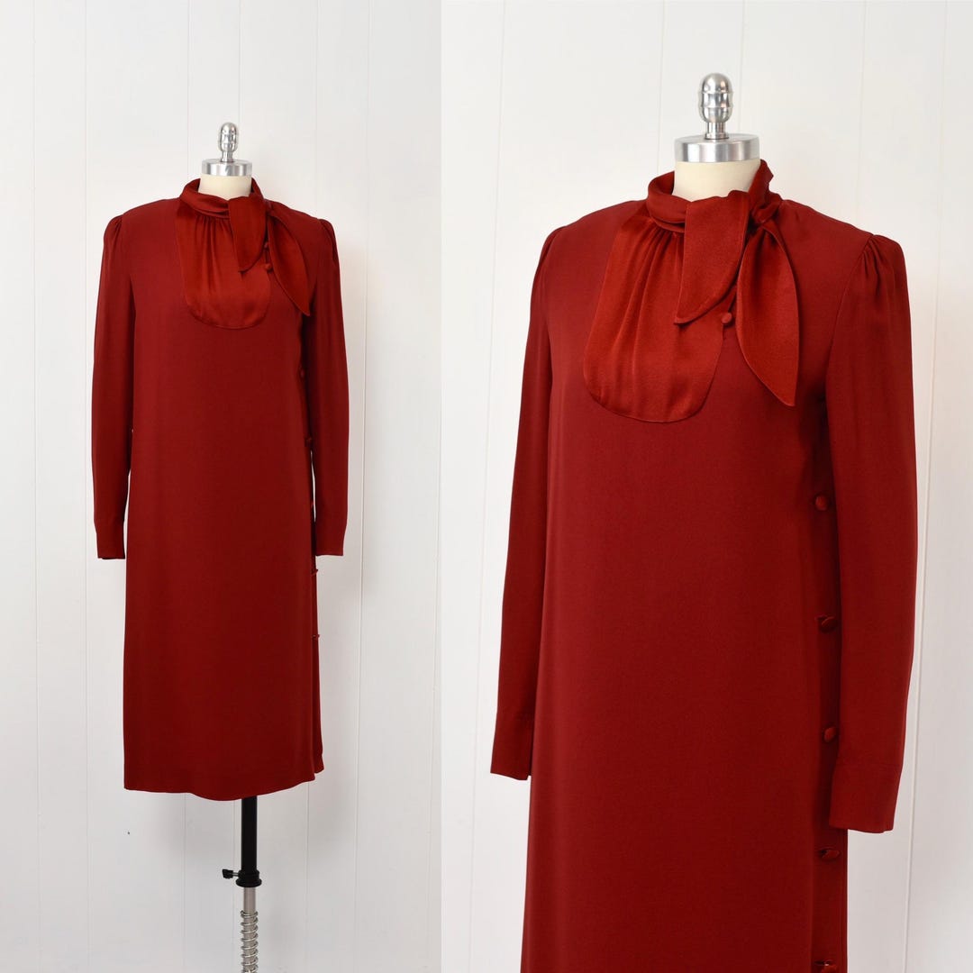 1980s Carven Boutique Paris Red Long Sleeve Party Formal Dress
