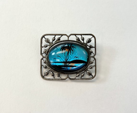 1940s Butterfly Wing Palm Tree Sunset Blue Brooch… - image 1