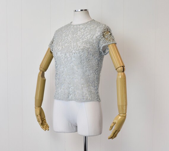1950s Light Blue Beaded Faux Pearl Sheer Blouse - image 4