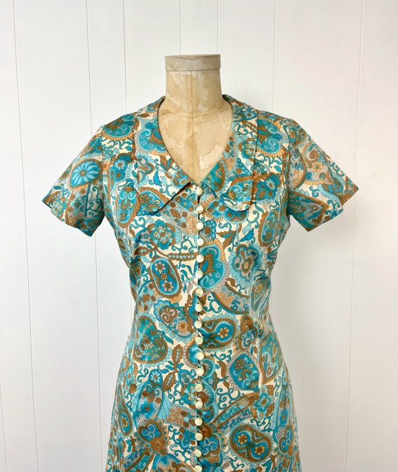 1960s Floral Paisley Blue Brown Pleated Mod Scoot… - image 2