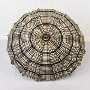 1940s/1950s Blue Yellow Plaid Print Carved Lucite Handle Mid Century Umbrella Parasol