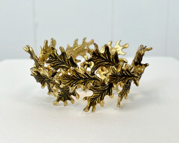 1960s Gold Tone Leaf Botanical Statement Bracelet… - image 1