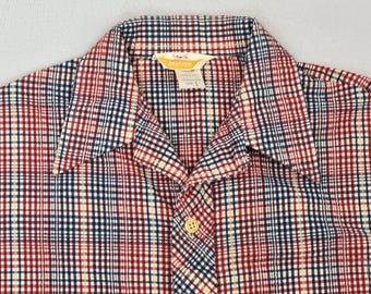 1960s Jantzen Plaid Striped Red White Blue Cotton Short Sleeve