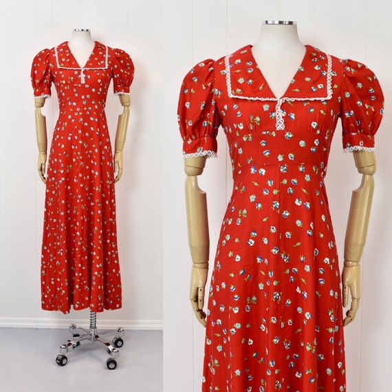 Buy 1960s/1970s Red Floral Lace Puff Sleeve Maxi Dress Gown Online 