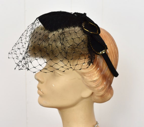 1940s Black Veiled Fur Sequin Bow Top Hat Fascina… - image 5
