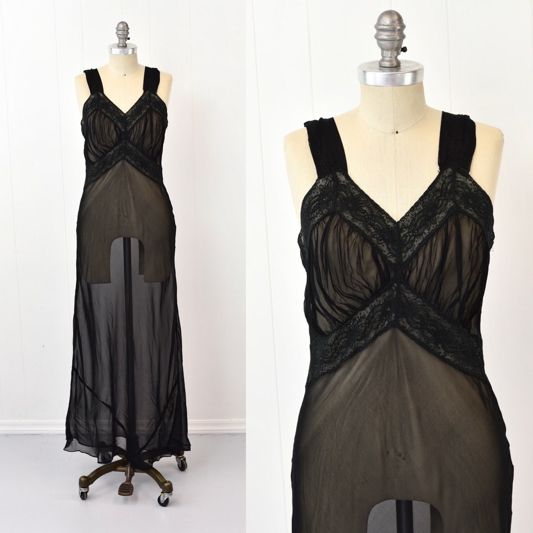 1940s Black Lace Sheer Femme Fatale Vamp Boudoir Lingerie Nightgown ...