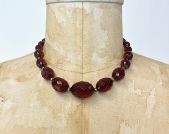 1950s Faceted Bakelite Dark Cherry Red Translucent Beaded Necklace Jewelry Tested