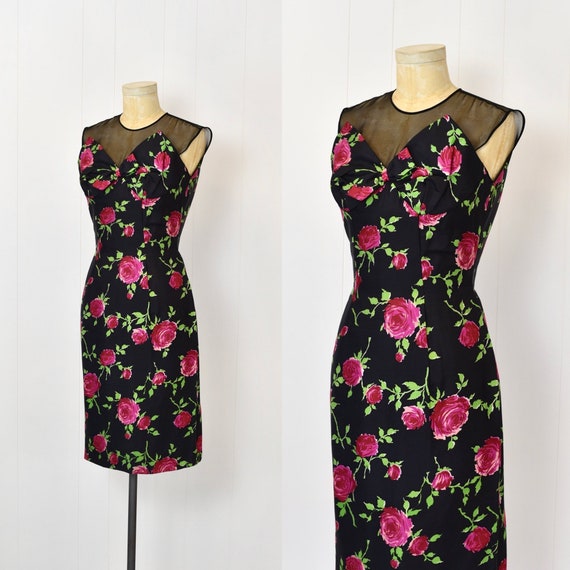 1950s/1960s Pink Magenta Rose Print Black Cocktai… - image 3