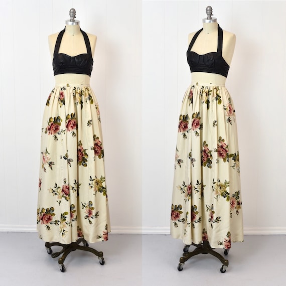 1990s Laura Ashley Rose Print Silk Maxi Skirt - image 1