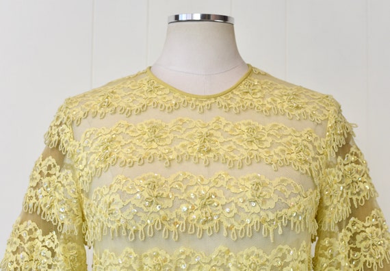 1960s Yellow Lace Sequin Beaded Floral Tulle Shee… - image 3