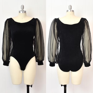 1980s/1990s Black Velvet Chiffon Sleeve Betty Blue One Piece Bodysuit Leotard