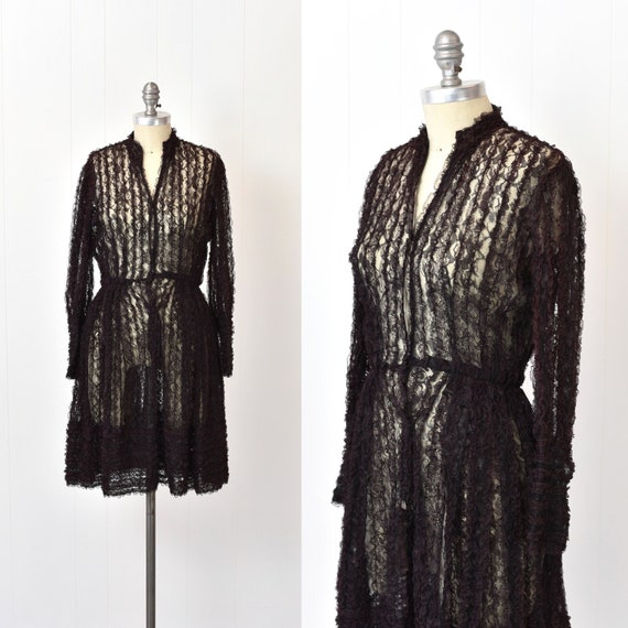 1970s Anne Fogarty Black Burgundy Floral Lace Dress