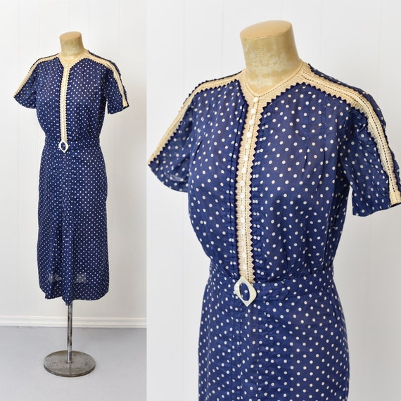 Early 1940s Polka Dot Blue Lace Dress with Belt - image 4