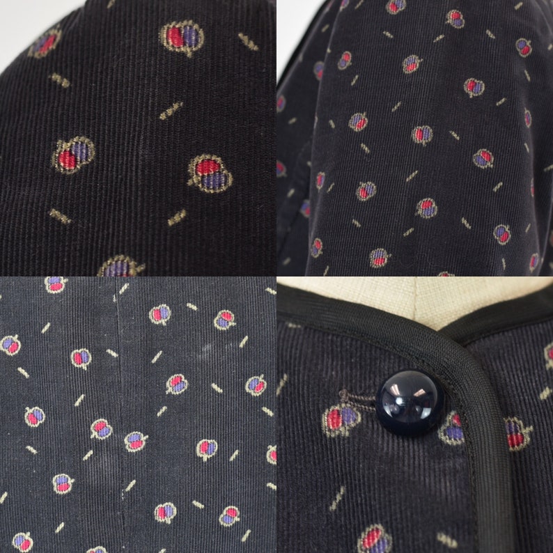 1990s Guy Laroche Dark Gray Corduroy Fruit Apple Novelty Print Jacket Long Sleeve Blouse Top image 9