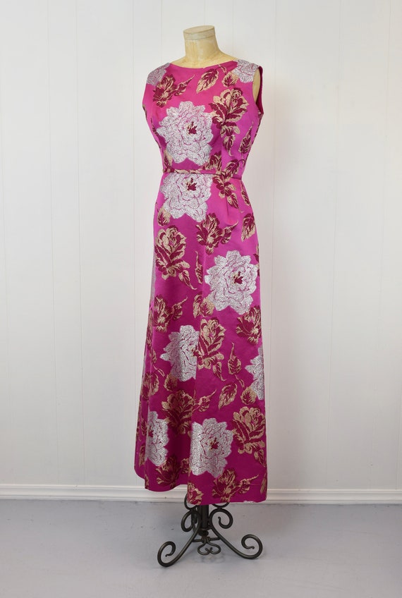 1960s Malcolm Starr Pink Magenta Metallic Floral Gown… - Gem