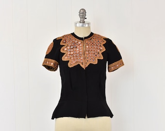 1940s Black Rayon Orange Embroidered Mirror Short Sleeve Blouse Top As Is