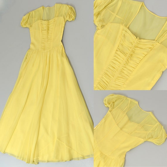 1940s Yellow Chiffon Sweetheart Neckline Party Dr… - image 1