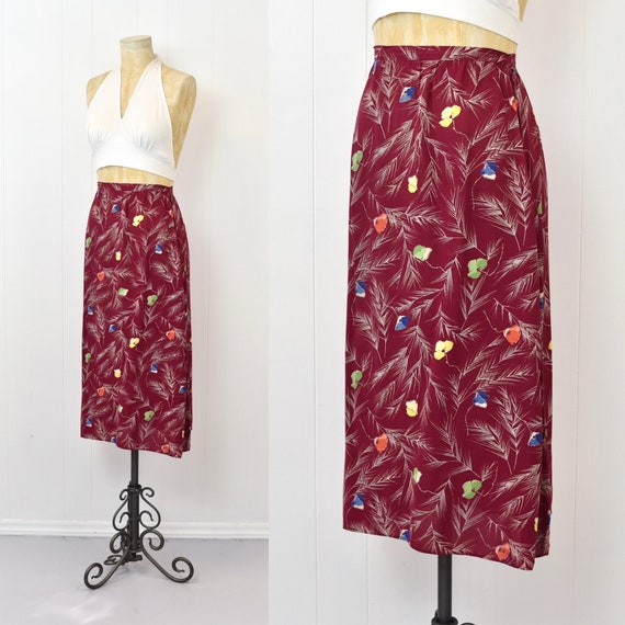 1940s Floral Print Raspberry Red Pink Rayon Skirt… - image 3