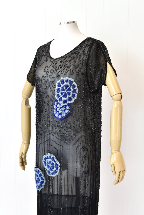 1920s Black Beaded Blue Floral Sheer Flapper Dress - image 4