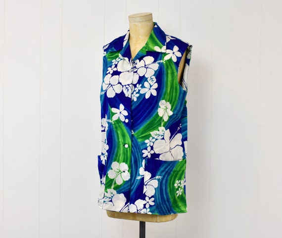 1970s Hawaiian Blue Green Hibiscus Floral Print H… - image 4