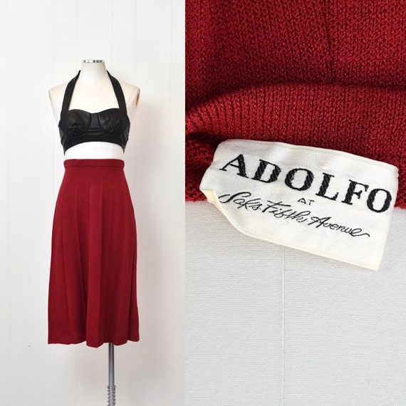 1980s Adolfo Saks Fifth Avenue Red Wool Pleated Sk