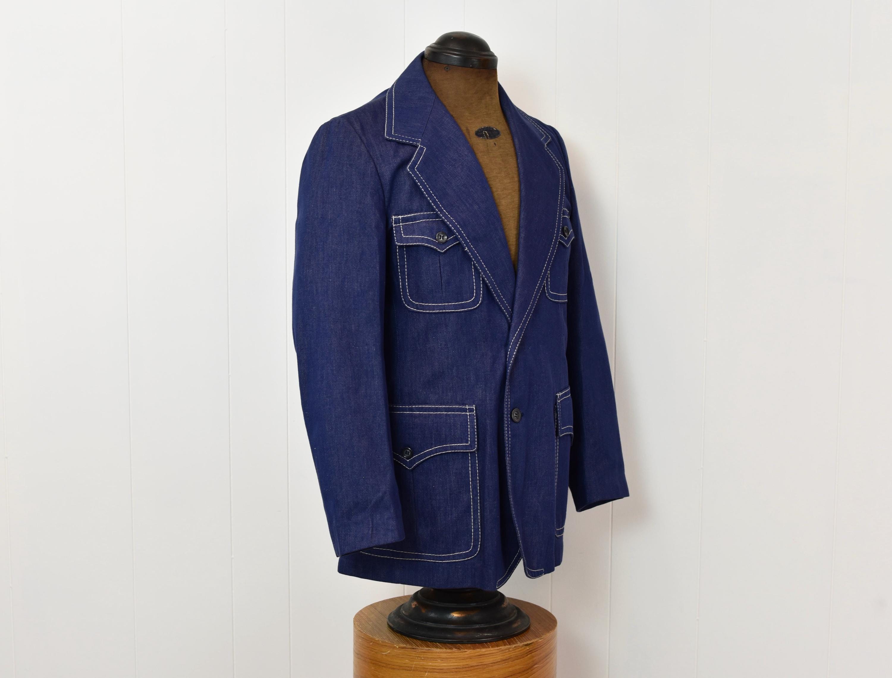 1970s Blue Jean Denim Cotton Europe Craft Mens Blazer Suit Sport