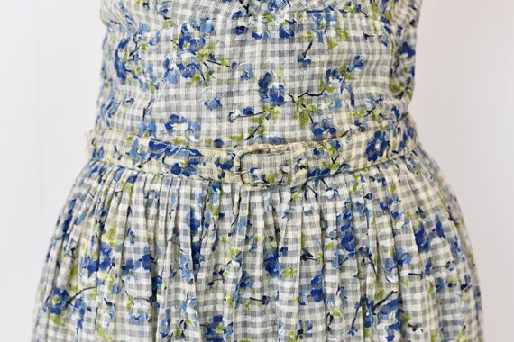 1950s Sheer Blue Floral Gingham Day Dress - image 3