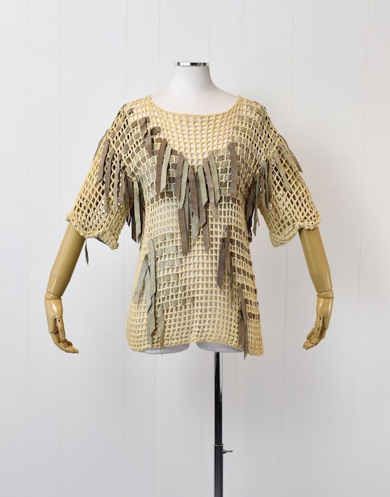 1970s Crochet Blouse with Suede - image 1