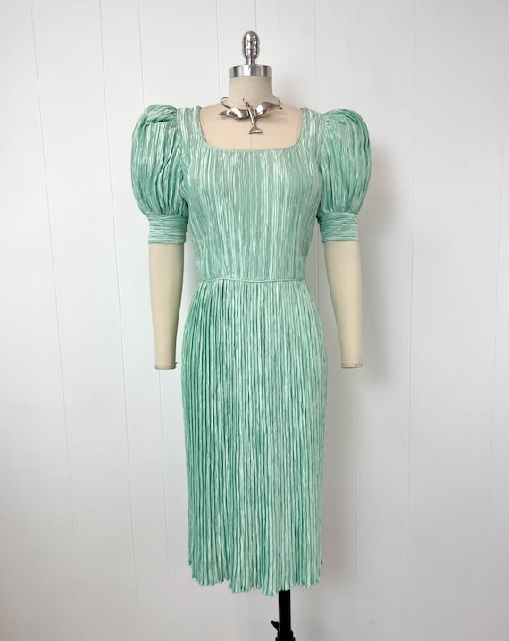 american mary green dress 1980s Mcfadden Couture Mint Pleated Marii Fabric Puff Sleeve Party Plus Size women