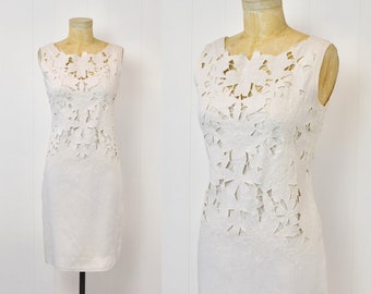 1960s White Floral Lattice Cut Out Embroidery Ruth Clarage Irish Linen Dress