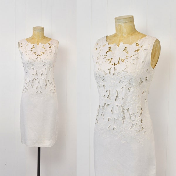 1960s White Floral Lattice Cut Out Embroidery Ruth Clarage Irish Linen Dress